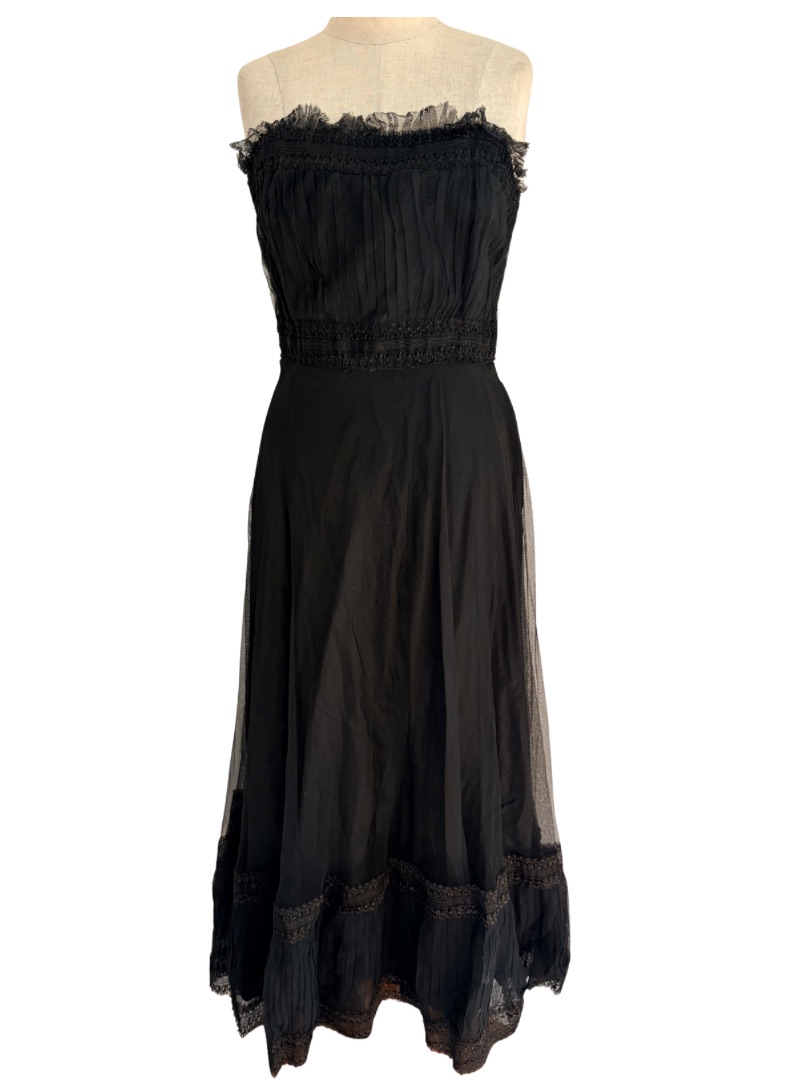 Vtg 1930s 1940s Black Gothic Romantic Strapless Lace Tule Formal Dress